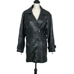 Vintage Hugo Buscati Women Belted Leather Moto Jacket Size M Minimalist Car Coat